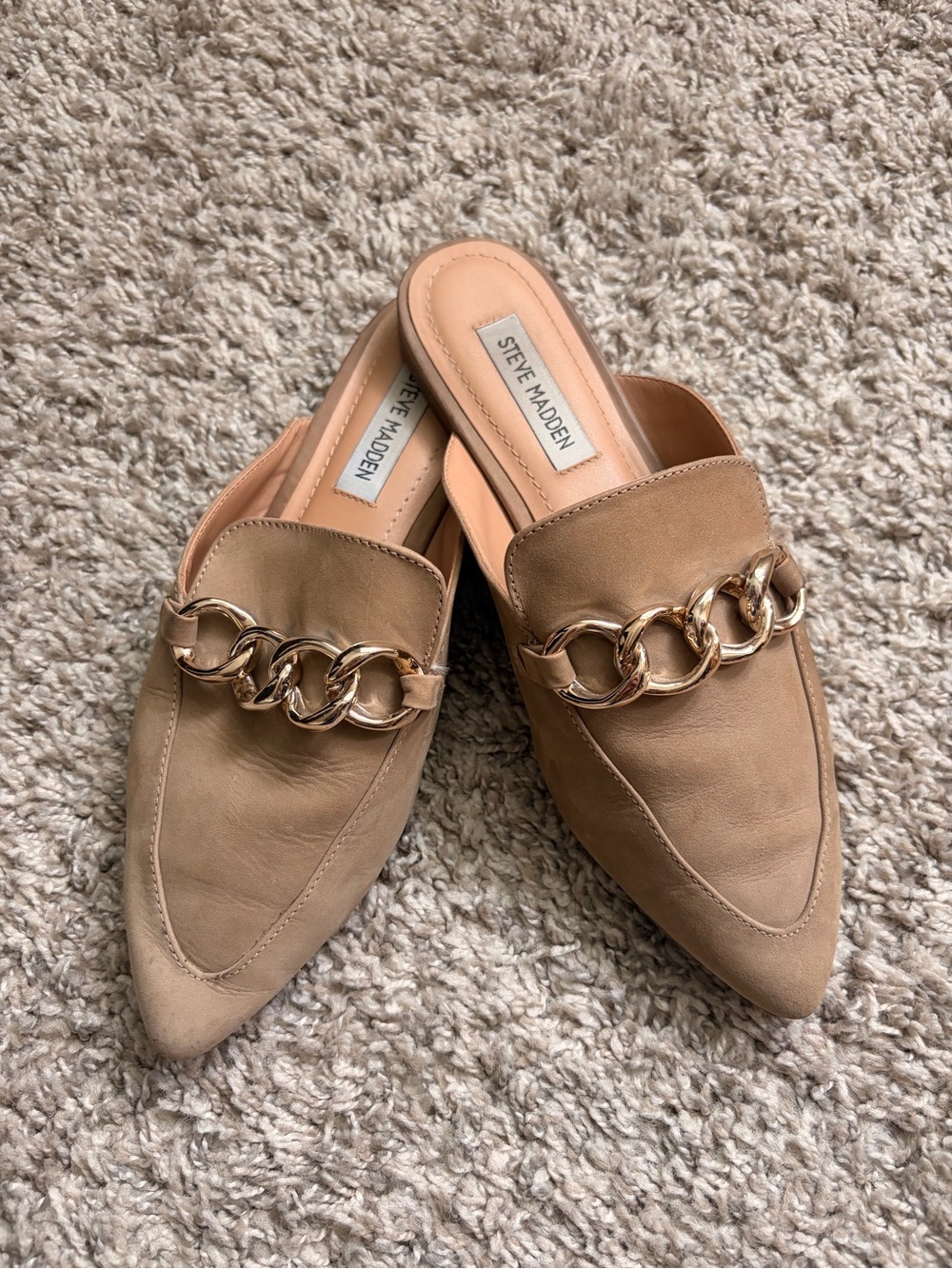 Steve Madden Taupe Pointed-Toe Chain-Accent Mules